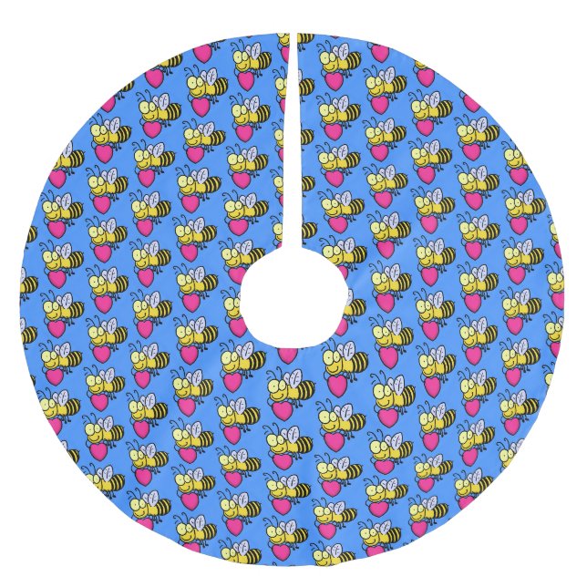 Cute funny bee with heart cartoon illustration brushed polyester tree skirt (Front)
