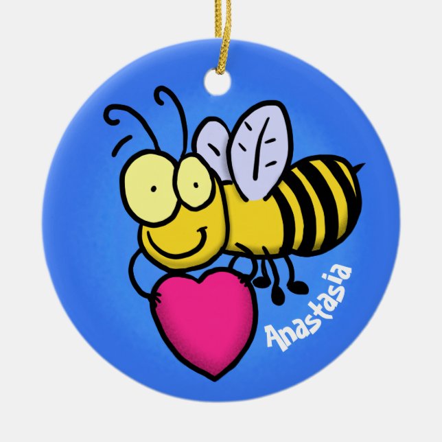 Cute funny bee with heart cartoon illustration ceramic tree decoration (Front)