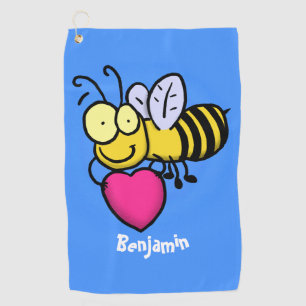 Cute funny bee with heart cartoon illustration golf towel