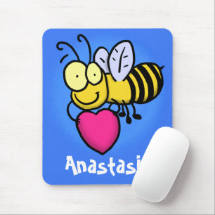 Cute funny bee with heart cartoon illustration mouse pad