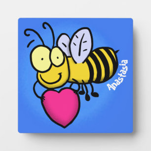 Cute funny bee with heart cartoon illustration plaque