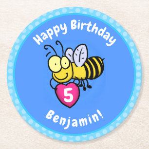Cute funny bee with heart cartoon illustration round paper coaster