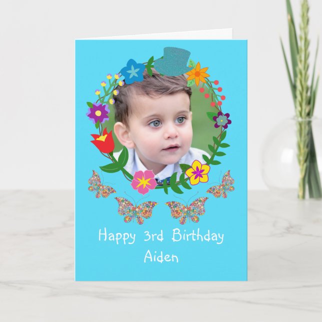 Cute Funny Birthday Boys Photo Butterflies Top Hat Card (Front)