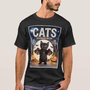 Cute Funny Black Cat In Bat Costume Halloween Zine T-Shirt