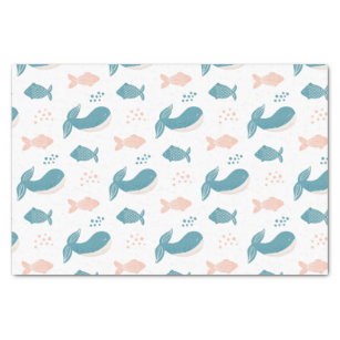 Cute funny blue whale and fish. Nautical animal  Tissue Paper