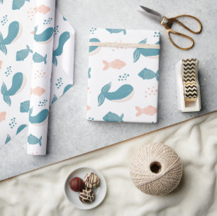 Cute funny blue whale and fish. Nautical animal  Wrapping Paper