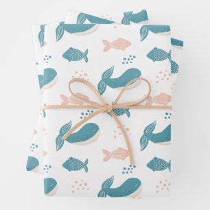 Cute funny blue whale and fish. Nautical animal  Wrapping Paper Sheet