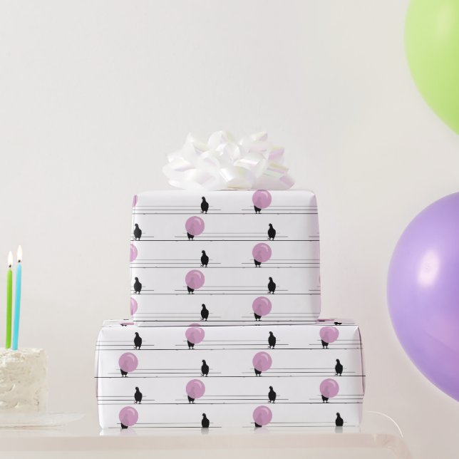 Cute Funny Bubblegum Birds on a Wire Pattern White Wrapping Paper (Party Gifts)
