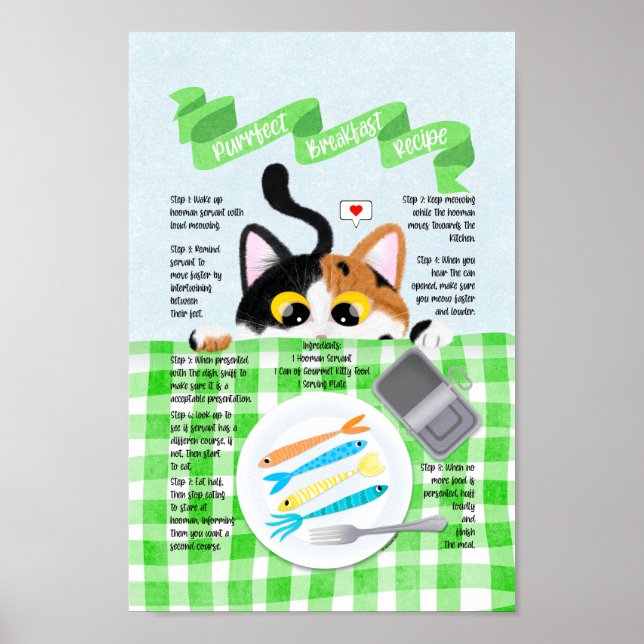 Cute Funny Calico Cat Breakfast Recipe Poster (Front)