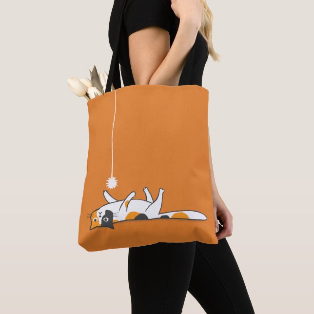 Cute Funny Calico Cat | Kitty Cat Lover's Orange Tote Bag (Close Up)