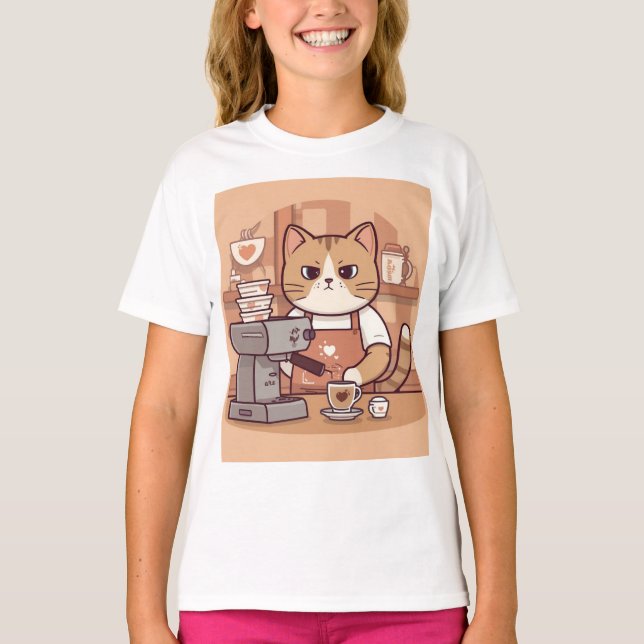 Cute Funny Cartoon Barista Cat Kid's T-shirt (Front)