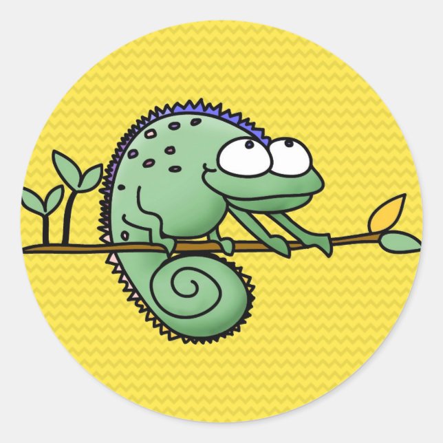 Cute Funny Cartoon Chameleon Green Lizard Classic Round Sticker (Front)