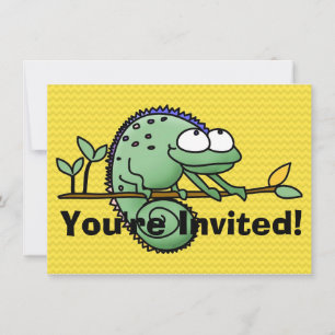 Cute Funny Cartoon Chameleon Green Lizard Invitation