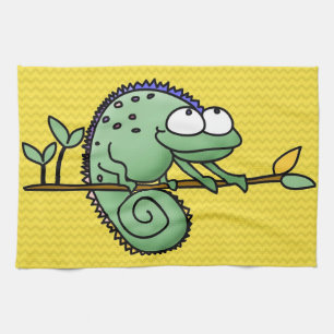 Cute Funny Cartoon Chameleon Green Lizard Tea Towel