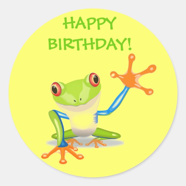 Cute Funny Cartoon Frog Kids Happy Birthday Party Classic Round Sticker (Front)
