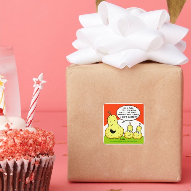 Cute Funny Cartoon Pears and Giftbaskets Square Sticker (Party)