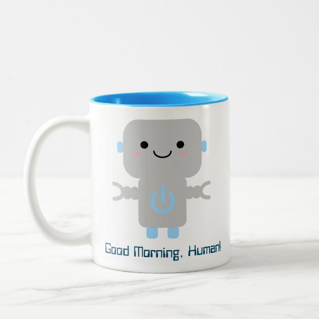 Cute Funny Cartoon Robot | Good Morning Human Two-Tone Coffee Mug (Left)