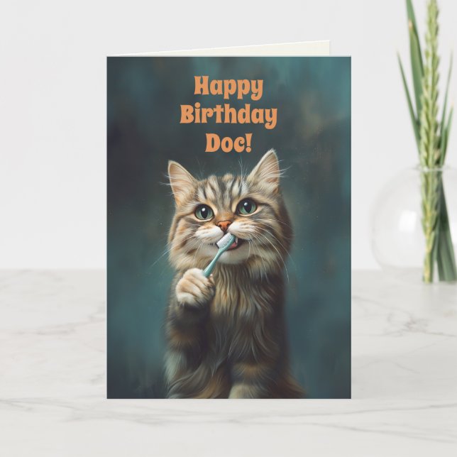 Cute Funny Cat Dentist Birthday Folded Card (Front)