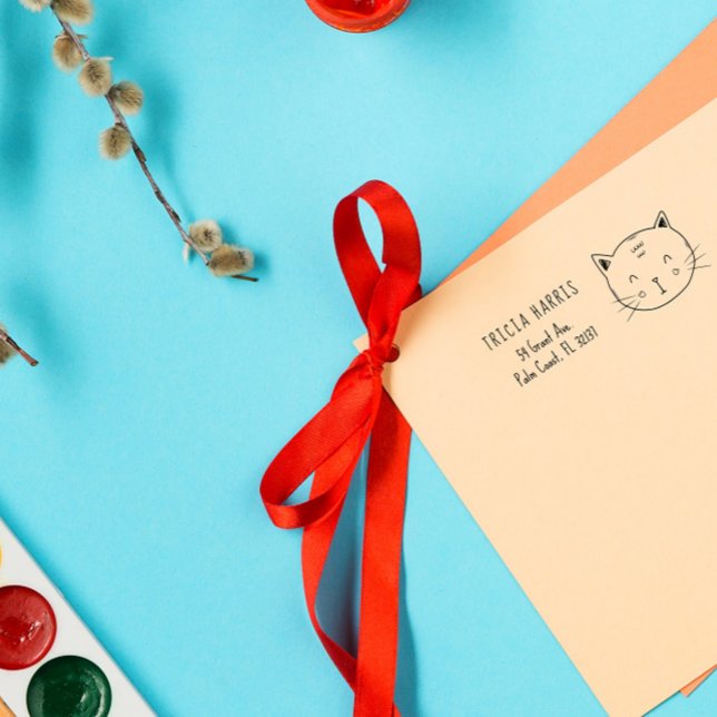 Cute Funny Cat Doodle Kids Custom Name & Address Self-inking Stamp (Creator Uploaded)