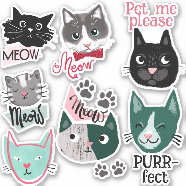 Cute funny cat faces pet scrapbook Sticker set (Front)