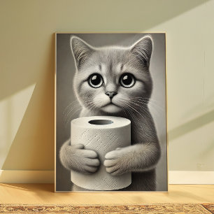 Cute Funny Cat Holding Toilet Paper Poster
