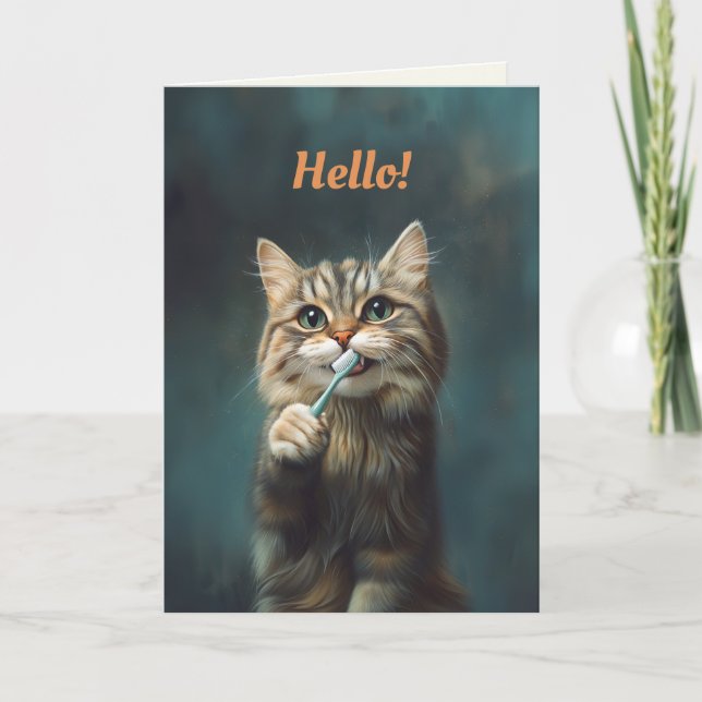 Cute Funny Cat Holding Toothbrush Folded Card (Front)