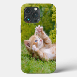 Cute funny cat kitten playing in a flowery garden iPhone 13 pro case