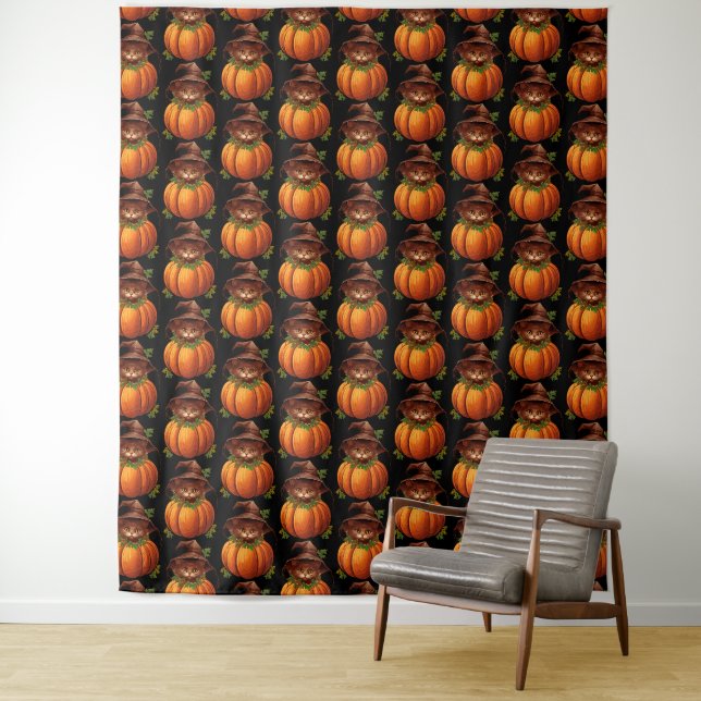 CUTE FUNNY CAT PUMPKIN TAPESTRY (In Situ)