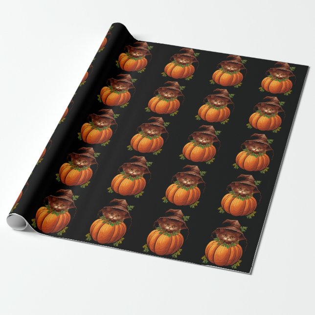 CUTE FUNNY CAT PUMPKIN WRAPPING PAPER (Unrolled)