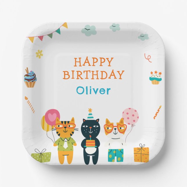 Cute Funny Cats Kitty Birthday 3rd Paper Plate (Front)