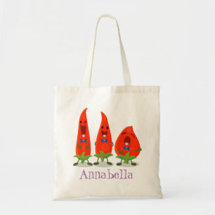 Cute funny chilli hot pepper trio cartoon tote bag