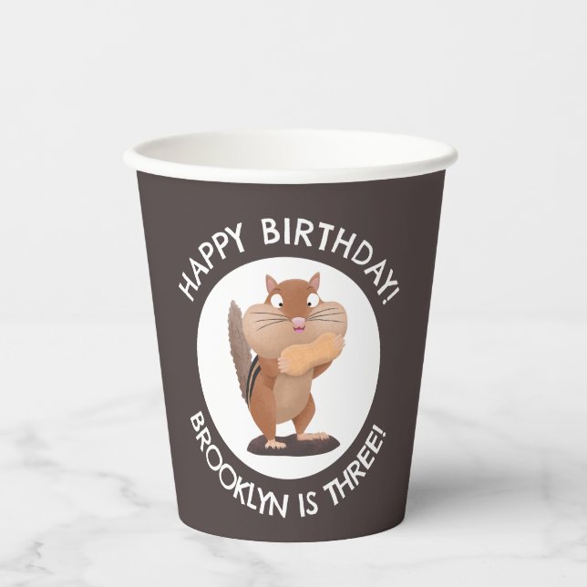 Cute funny chipmunk cartoon personalised birthday paper cups (Front)