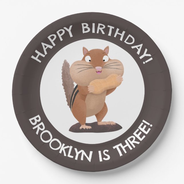 Cute funny chipmunk cartoon personalised birthday paper plate (Front)