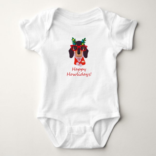 Cute Funny Christmas Dog Dachshund Happy Howlidays Baby Bodysuit (Front)