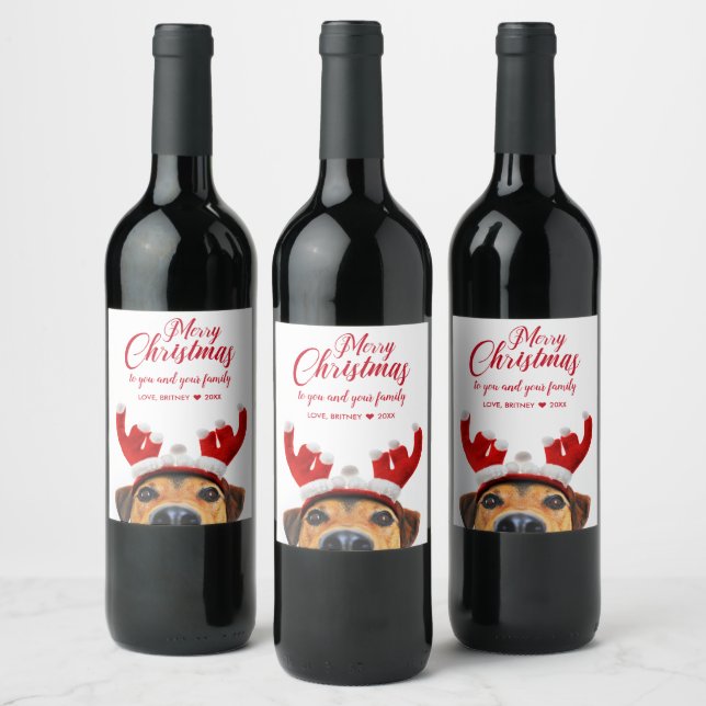 Cute Funny Christmas Dog Reindeer Antler Headband Wine Label (Bottles)
