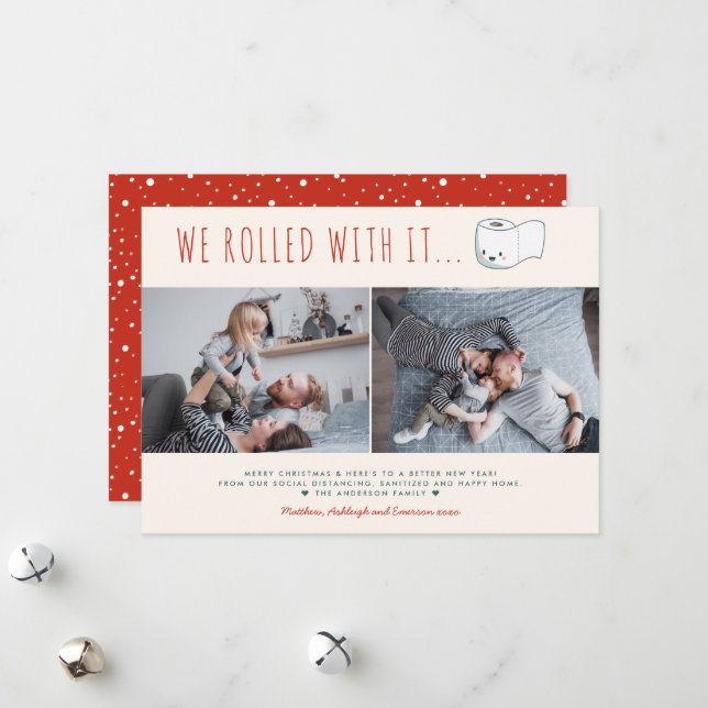 Cute Funny Christmas We Rolled With It 2 Photo Holiday Card (Front/Back In Situ)