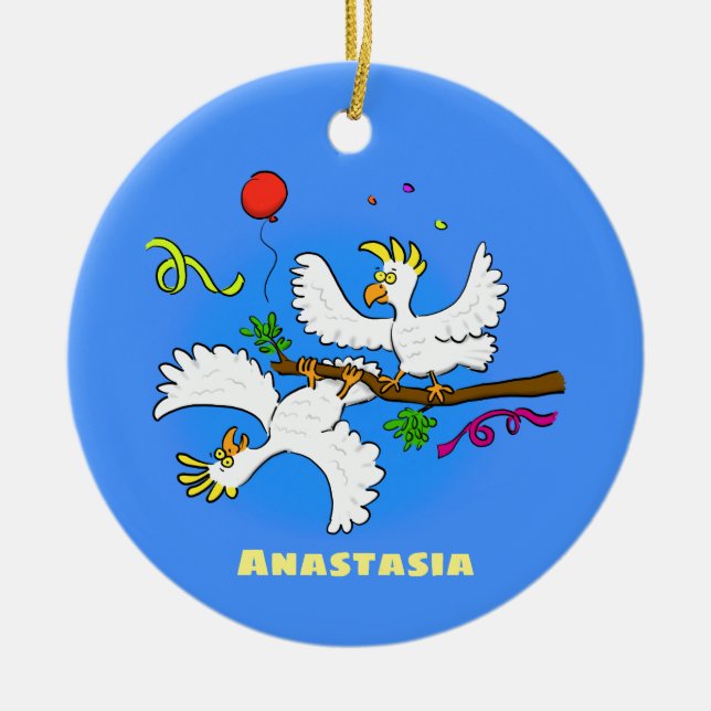 Cute funny cockatoo birds cartoon ceramic tree decoration (Front)