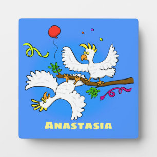 Cute funny cockatoo birds cartoon plaque