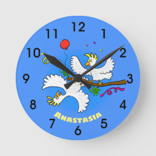 Cute funny cockatoo birds cartoon round clock