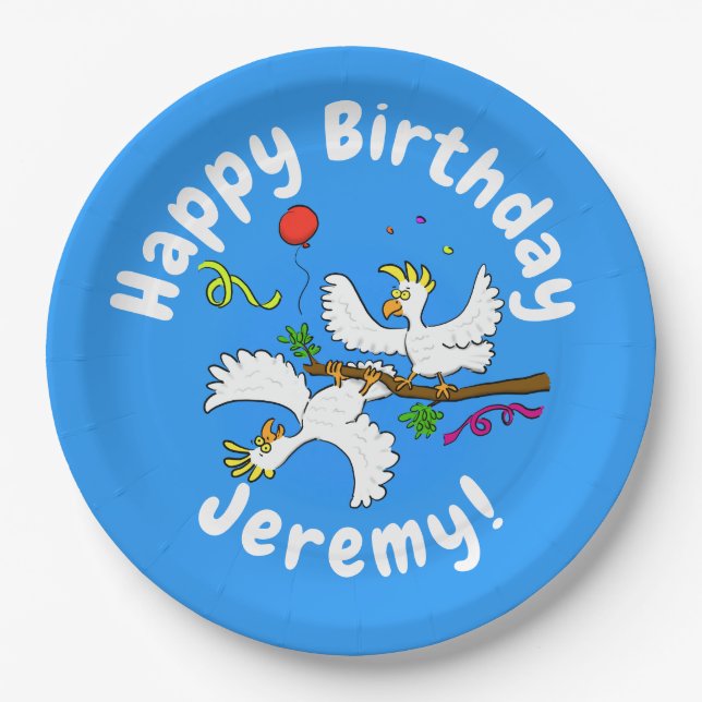 Cute funny cockatoo birds party cartoon paper plate (Front)