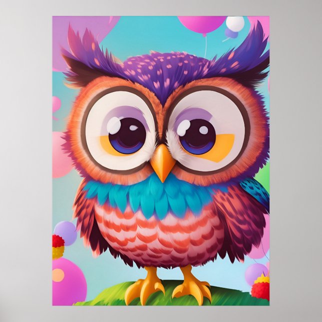 Cute Funny Colourful Comic Owl AI Art  Poster (Front)