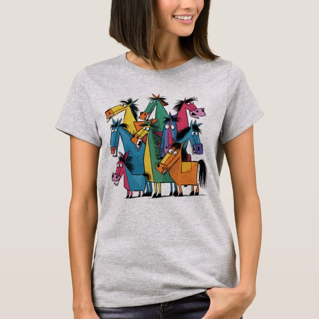 Cute Funny Colourful Horses Abstract Art T-Shirt (Front)