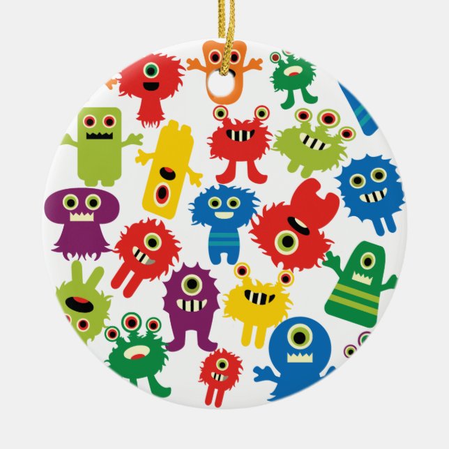 Cute Funny Colourful Monsters Pattern Ceramic Tree Decoration (Front)