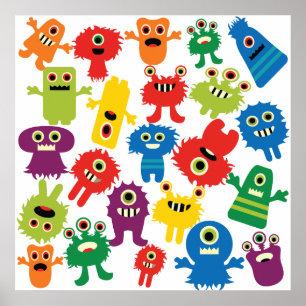 Cute Funny Colourful Monsters Pattern Poster
