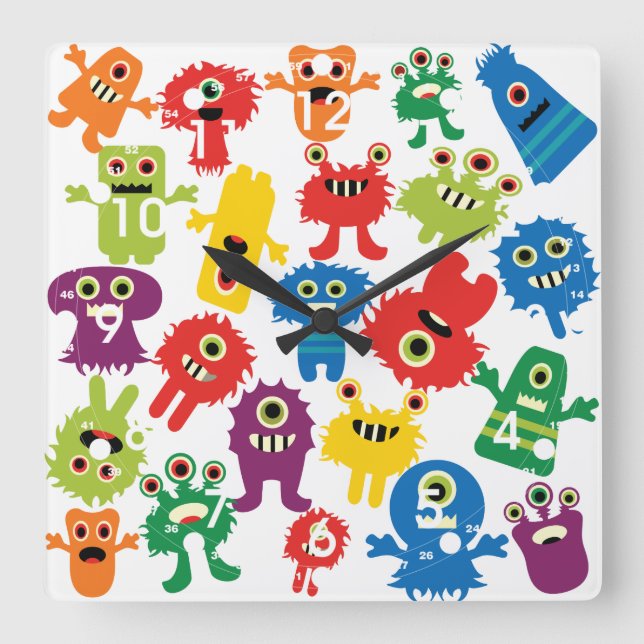 Cute Funny Colourful Monsters Pattern Square Wall Clock (Front)