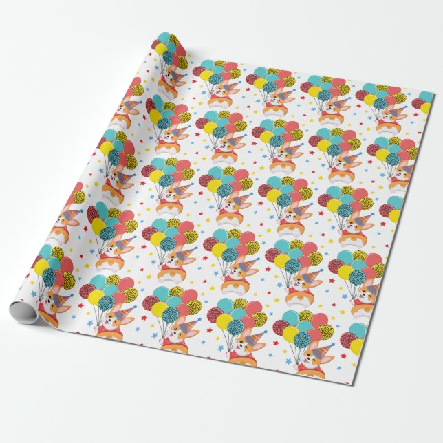 Cute Funny Corgi with Balloons Hat Stars Birthday Wrapping Paper (Unrolled)