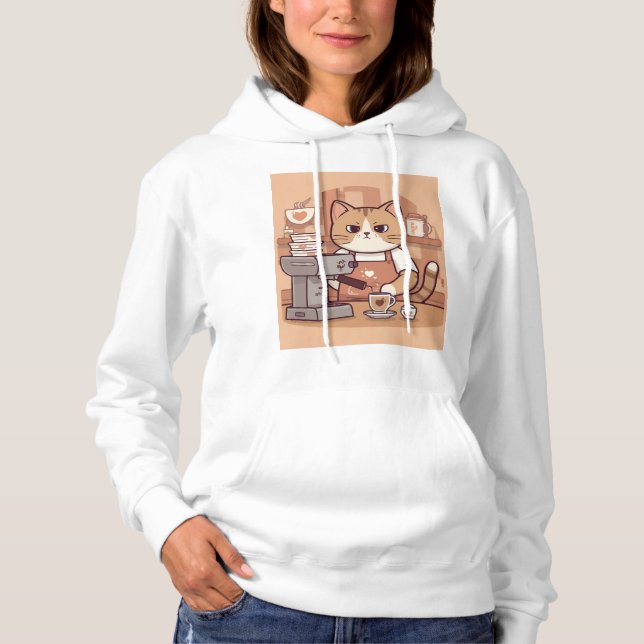 Cute Funny Cozy Barista Cat Hoodie T-shirt (Front)