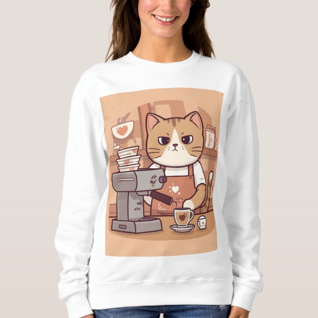Cute Funny Cozy Barista Cat Sweatshirt (Front)