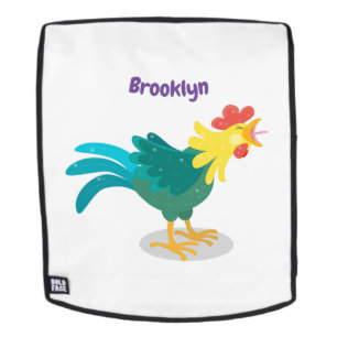 Cute funny crowing rooster cartoon illustration backpack