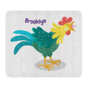 Cute funny crowing rooster cartoon illustration cutting board